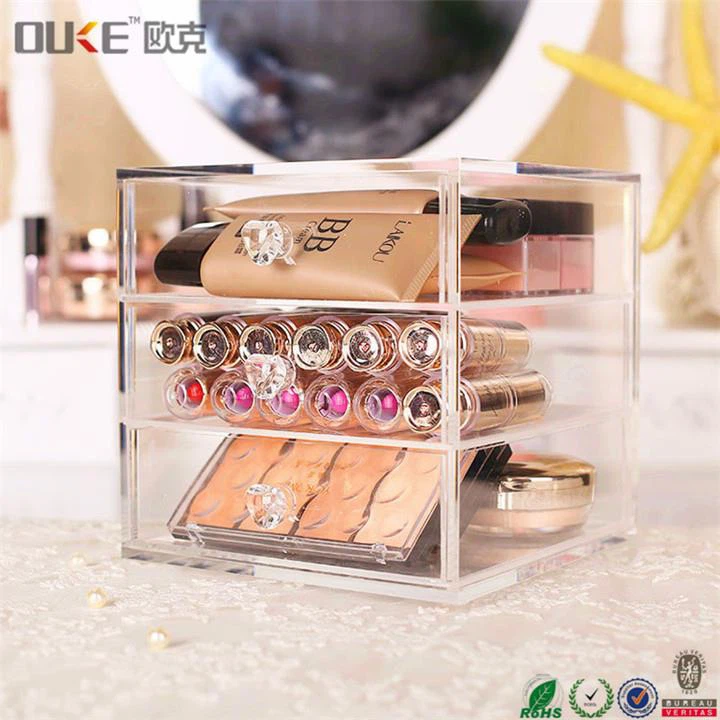 Cute Crystal Cosmetic Storage And Makeup Organizer With 3 Drawers